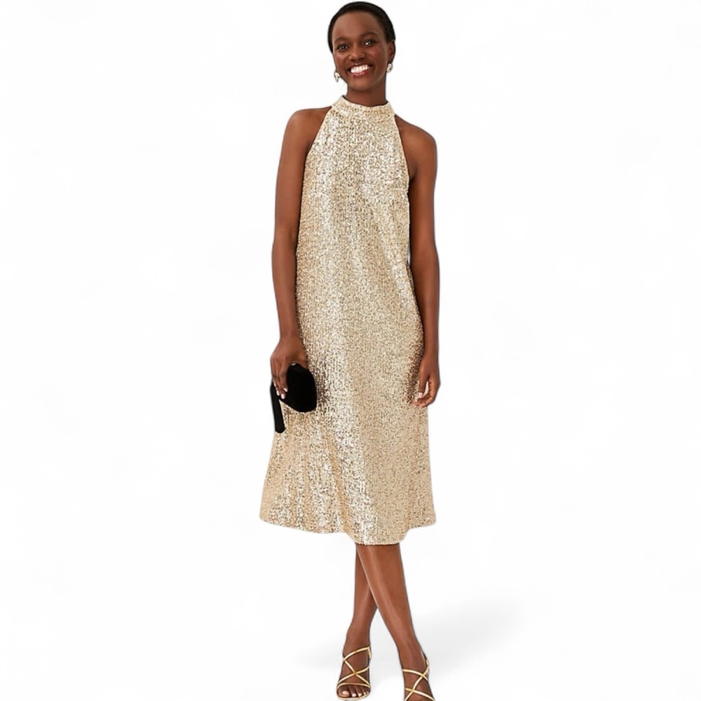 NEW ANN TAYLOR $198 GOLD SEQUIN MOCK NECK MIDI DRESS SZ 6P